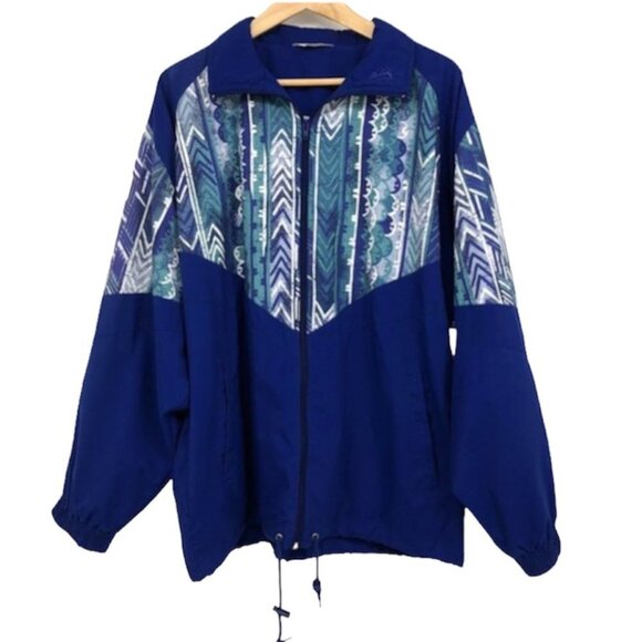 VINTAGE 1980s cobalt blue printed windbreaker jacket by Shamrock unisex XL - Picture 1 of 16
